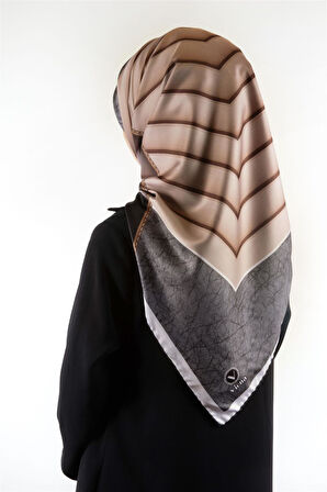Twill Zigzag Desenli Gri - Bej Renkli 90x90 Eşarp (İpek İçermez) Kenar Dikiş Şekli El Dikişli