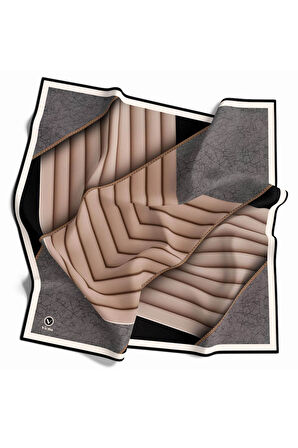 Twill Zigzag Desenli Gri - Bej Renkli 90x90 Eşarp (İpek İçermez) Kenar Dikiş Şekli El Dikişli