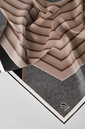 Twill Zigzag Desenli Gri - Bej Renkli 90x90 Eşarp (İpek İçermez) Kenar Dikiş Şekli El Dikişli