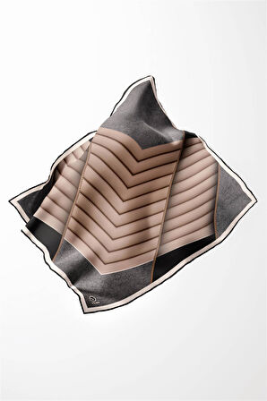 Twill Zigzag Desenli Gri - Bej Renkli 90x90 Eşarp (İpek İçermez) Kenar Dikiş Şekli El Dikişli