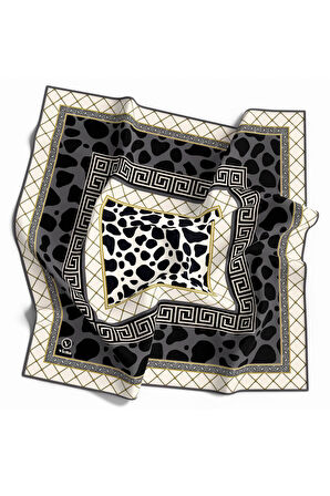 Twill Taş Desenli Füme Renkli 90x90 Eşarp (İpek İçermez) Kenar Dikiş Şekli El Dikişli