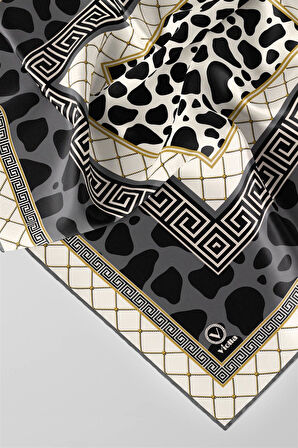 Twill Taş Desenli Füme Renkli 90x90 Eşarp (İpek İçermez) Kenar Dikiş Şekli El Dikişli