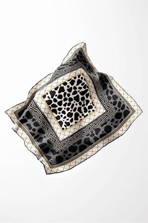 Twill Taş Desenli Füme Renkli 90x90 Eşarp (İpek İçermez) Kenar Dikiş Şekli El Dikişli