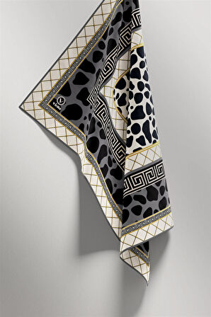 Twill Taş Desenli Füme Renkli 90x90 Eşarp (İpek İçermez) Kenar Dikiş Şekli El Dikişli