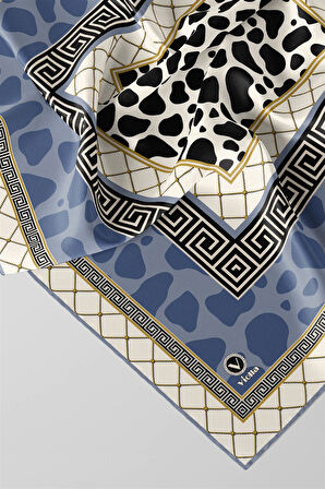 Twill Taş Desenli Bebe Mavisi Renkli 90x90 Eşarp (İpek İçermez) Kenar Dikiş Şekli El Dikişli