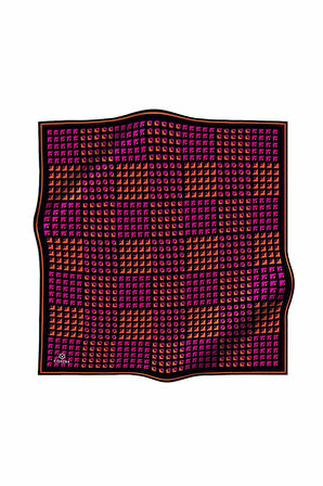 %100 Twill İpek Geometrik Desenli Fuşya - Turuncu Renkli 90x90 Eşarp Dikim Şekli : El Dikişi