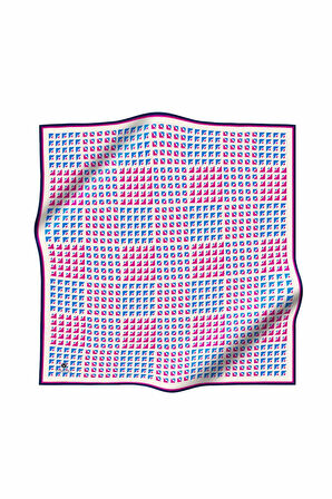%100 Twill İpek Geometrik Desenli Saks - Fuşya Renkli 90x90 Eşarp Dikim Şekli : El Dikişi