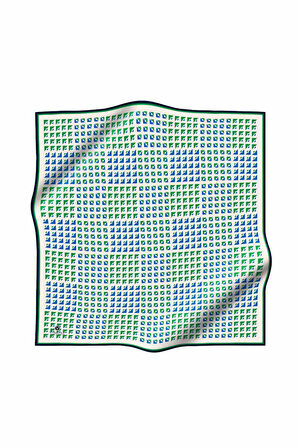 %100 Twill İpek Geometrik Desenli Benetton Yeşili - Saks Renkli 90x90 Eşarp Dikim Şekli : El Dikişi