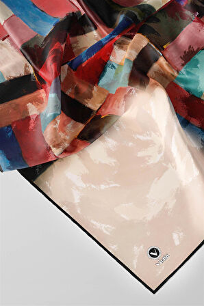 Twill Yağlı Boya Desenli Bordo Renkli 90x90 Eşarp (İpek İçermez) Kenar Dikiş Şekli El Dikişli