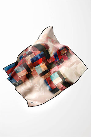 Twill Yağlı Boya Desenli Bordo Renkli 90x90 Eşarp (İpek İçermez) Kenar Dikiş Şekli El Dikişli