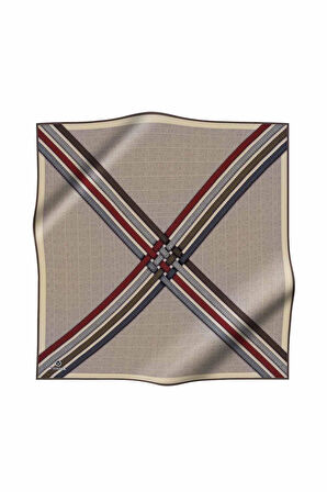 %100 Twill İpek Dikiş Motifli Ve Bant Desenli Bej - Sütlü Kahve Renkli 90x90 Eşarp Dikim Şekli : El Dikişi