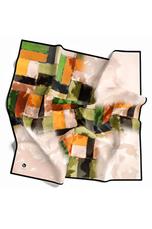 Twill Yağlı Boya Desenli Haki Renkli 90x90 Eşarp (İpek İçermez) Kenar Dikiş Şekli El Dikişli