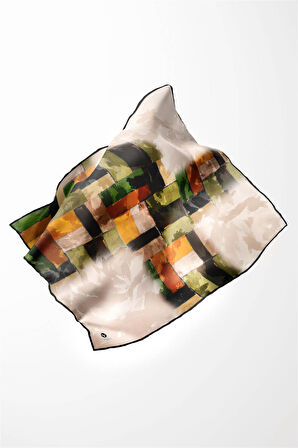 Twill Yağlı Boya Desenli Haki Renkli 90x90 Eşarp (İpek İçermez) Kenar Dikiş Şekli El Dikişli