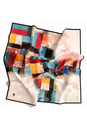 Twill Yağlı Boya Desenli Petrol Mavisi Renkli 90x90 Eşarp (İpek İçermez) Kenar Dikiş Şekli El Dikişli