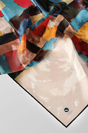 Twill Yağlı Boya Desenli Petrol Mavisi Renkli 90x90 Eşarp (İpek İçermez) Kenar Dikiş Şekli El Dikişli