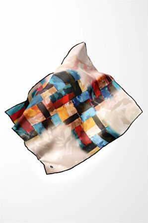 Twill Yağlı Boya Desenli Petrol Mavisi Renkli 90x90 Eşarp (İpek İçermez) Kenar Dikiş Şekli El Dikişli