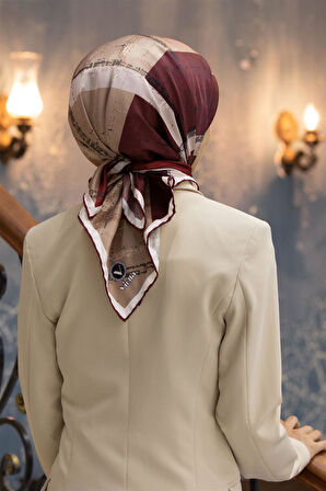 Twill Eskitme Desenli Bordo Renkli 90x90 Eşarp (İpek İçermez) Kenar Dikiş Şekli El Dikişli