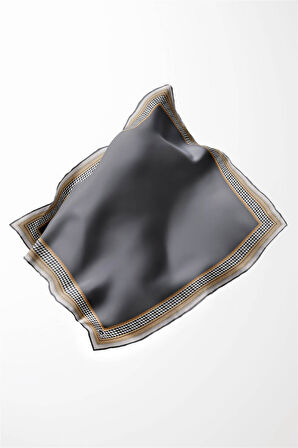 Twill Kazayak Bordür Desenli Füme Renkli 90x90 Eşarp (İpek İçermez) Kenar Dikiş Şekli El Dikişli