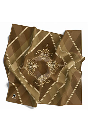 Twill Ekoseli Barok Desenli Vizon Renkli 90x90 Eşarp (İpek İçermez) Kenar Dikiş Şekli El Dikişli