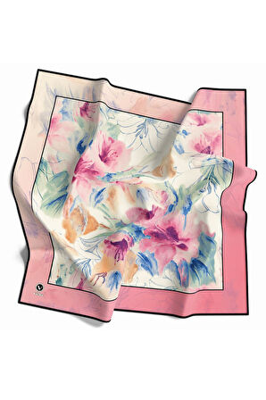 Soft Twill Suluboya Çiçek Desenli Pembe Renkli 90x90 Eşarp (İpek İçermez) Kenar Dikiş Şekli El Dikişli