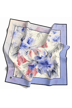 Soft Twill Suluboya Çiçek Desenli İndigo Mavisi Renkli 90x90 Eşarp (İpek İçermez) Kenar Dikiş Şekli El Dikişli