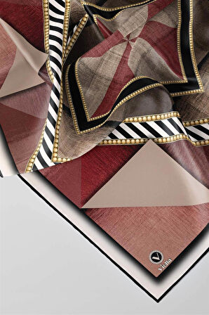 Twill Eskitme Desenli Bordo Renkli 90x90 Eşarp (İpek İçermez) Kenar Dikiş Şekli El Dikişli