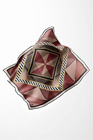 Twill Eskitme Desenli Bordo Renkli 90x90 Eşarp (İpek İçermez) Kenar Dikiş Şekli El Dikişli