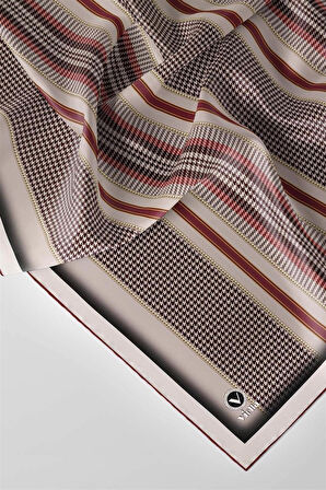 Twill Kazayaklı Şerit Desenli Bej Renkli 90x90 Eşarp (İpek İçermez) Kenar Dikiş Şekli El Dikişli