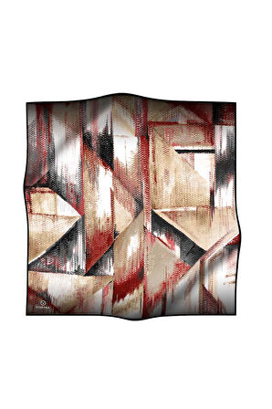 %100 Twill İpek Efektli ve Geometrik Desenli Bej - Kırmızı Renkli 90x90 Eşarp Dikim Şekli : El Dikişi