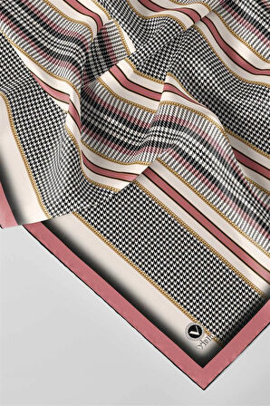 Twill Kazayaklı Şerit Desenli Pudra Renkli 90x90 Eşarp (İpek İçermez) Kenar Dikiş Şekli El Dikişli