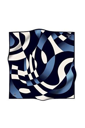 %100 Twill İpek Geometrik Desenli İndigo Renkli 90x90 Eşarp Dikim Şekli : El Dikişi