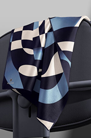 %100 Twill İpek Geometrik Desenli İndigo Renkli 90x90 Eşarp Dikim Şekli : El Dikişi