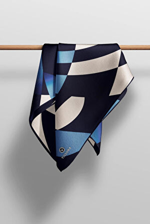 %100 Twill İpek Geometrik Desenli İndigo Renkli 90x90 Eşarp Dikim Şekli : El Dikişi