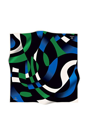 %100 Twill İpek Geometrik Desenli Zümrüt Yeşili - Saks Renkli 90x90 Eşarp Dikim Şekli : El Dikişi