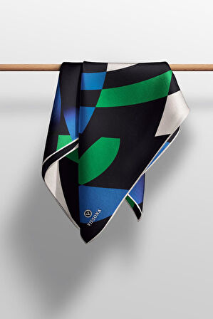 %100 Twill İpek Geometrik Desenli Zümrüt Yeşili - Saks Renkli 90x90 Eşarp Dikim Şekli : El Dikişi