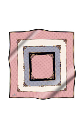 %100 Twill İpek Puantiyeli ve Geometrik Desenli Pudra - Gri Renkli 90x90 Eşarp Dikim Şekli : El Dikişi