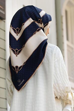 %100 Twill İpek Puantiyeli ve Geometrik Desenli Lacivert - Krem Renkli 90x90 Eşarp Dikim Şekli : El Dikişi