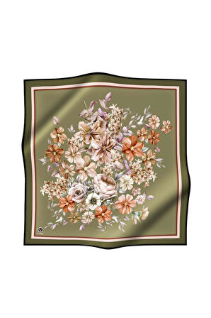 Twill Sonbahar Desenli Haki Renkli 90x90 Eşarp (İpek İçermez) Kenar Dikiş Şekli El Dikişli