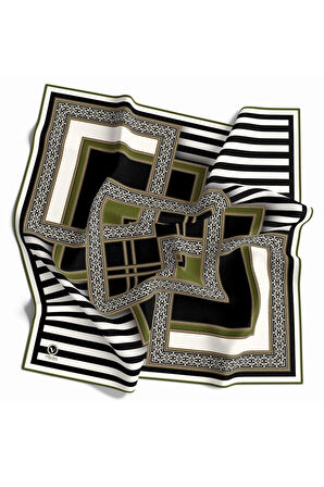 Twill Çizgili ve Kareli Desenli Haki Renkli 90x90 Eşarp (İpek İçermez) Kenar Dikiş Şekli El Dikişli