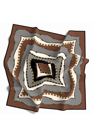 Twill Bordürlü ve Zincir Desenli Bakır Renkli 90x90 Eşarp (İpek İçermez) Kenar Dikiş Şekli El Dikişli