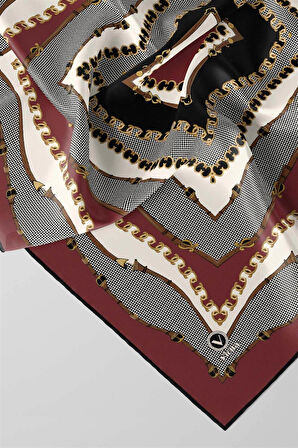 Twill Bordürlü ve Zincir Desenli Gül Kurusu Renkli 90x90 Eşarp (İpek İçermez) Kenar Dikiş Şekli El Dikişli