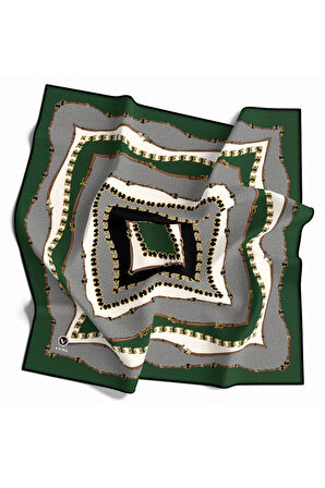 Twill Bordürlü ve Zincir Desenli Zümrüt Yeşili Renkli 90x90 Eşarp (İpek İçermez) Kenar Dikiş Şekli El Dikişli