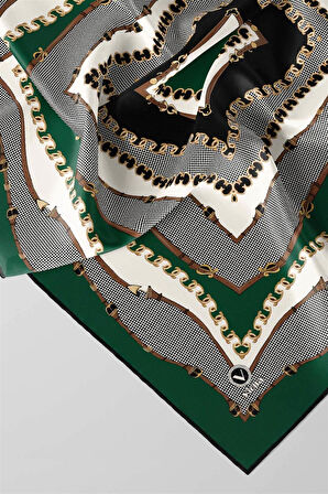 Twill Bordürlü ve Zincir Desenli Zümrüt Yeşili Renkli 90x90 Eşarp (İpek İçermez) Kenar Dikiş Şekli El Dikişli