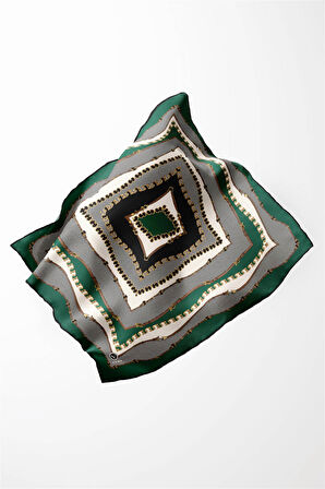 Twill Bordürlü ve Zincir Desenli Zümrüt Yeşili Renkli 90x90 Eşarp (İpek İçermez) Kenar Dikiş Şekli El Dikişli