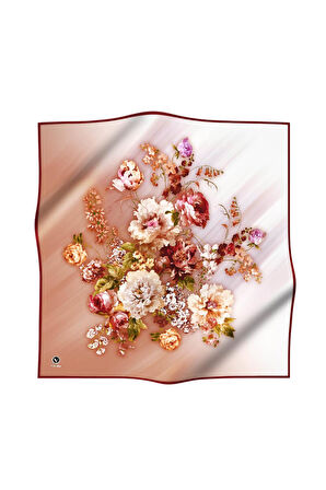 Twill Degradeli Çiçek Desenli Taba Renkli 90x90 Eşarp (İpek İçermez) Kenar Dikiş Şekli El Dikişli