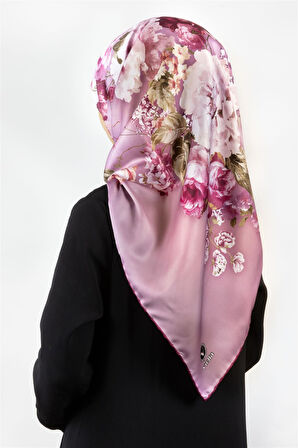 Twill Degradeli Çiçek Desenli Pembe Renkli 90x90 Eşarp (İpek İçermez) Kenar Dikiş Şekli El Dikişli