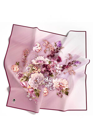 Twill Degradeli Çiçek Desenli Pembe Renkli 90x90 Eşarp (İpek İçermez) Kenar Dikiş Şekli El Dikişli