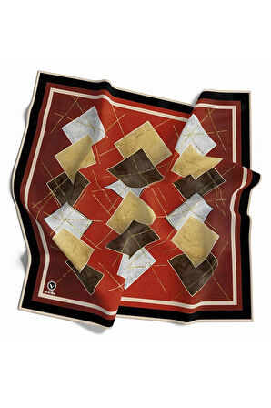 Twill Geometrik Desenli Taba Renkli 90x90 Eşarp (İpek İçermez) Kenar Dikiş Şekli El Dikişli