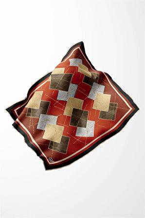 Twill Geometrik Desenli Taba Renkli 90x90 Eşarp (İpek İçermez) Kenar Dikiş Şekli El Dikişli