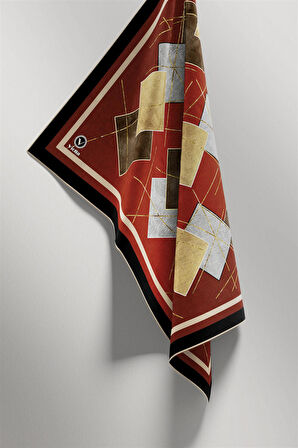 Twill Geometrik Desenli Taba Renkli 90x90 Eşarp (İpek İçermez) Kenar Dikiş Şekli El Dikişli